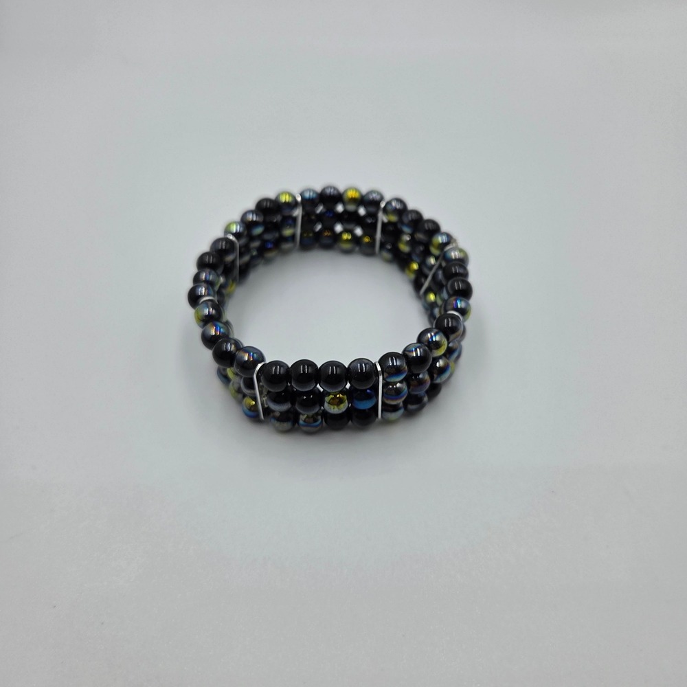 Handmade Beaded Memory Wire Cuff Bracelet 3-Row Black Iridescent OS VTG Style